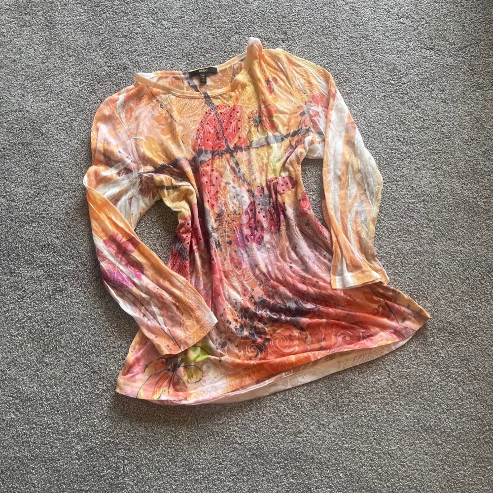 Y2K Alt Womens Reba Long Sleeve Top M Orange Pink Floral Rhinestone Sheer Boho
